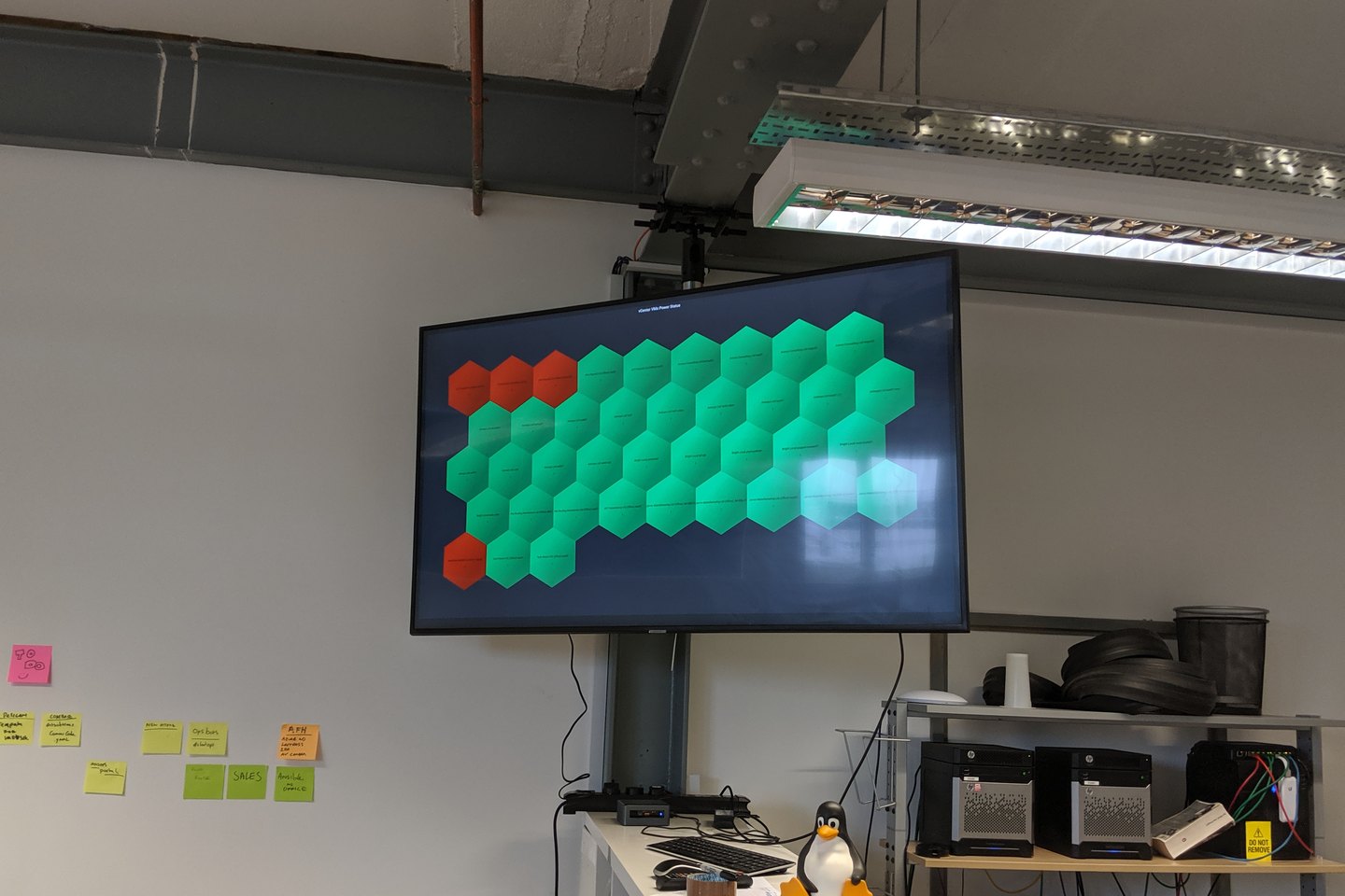 A wall-mounted status board showing a honeycomb of virtual-machine tiles, nearly all green with a few red, above a shelf of small servers.