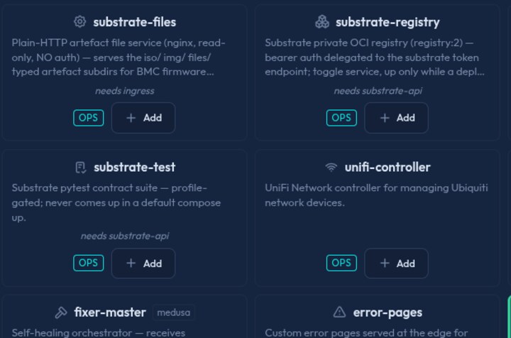 The Substrate service catalogue: a grid of service cards, each with an Add button.